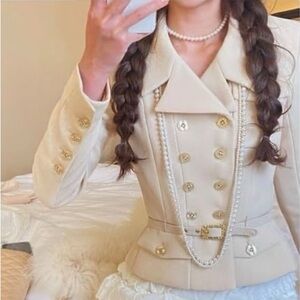 Japanese Gabrielle Thick Winter Beige Formal Buttoned Buckle Belt Blazer Jacket